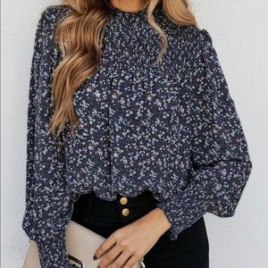 Mock Neck Navy Blue Floral Blouse, Size Small